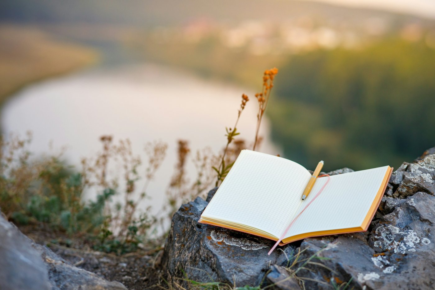 An open notebook with a pen resting on its pages, set on stone with dried wildflowers and a soft golden sunset behind.